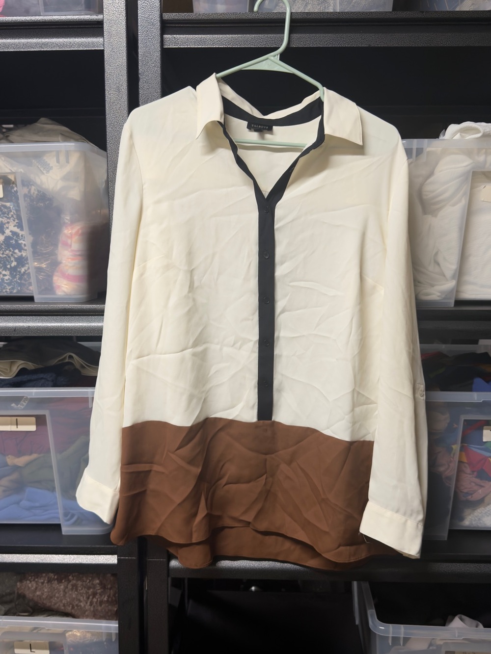 Talbots Ivory and Brown Colorblock Button-Front Dress Shirt